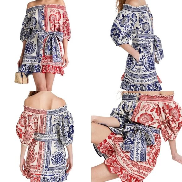 Farm Rio Mixed Pineapple Garden Off Shoulder Mini Dress S Pockets Puff Sleeves - Picture 1 of 16